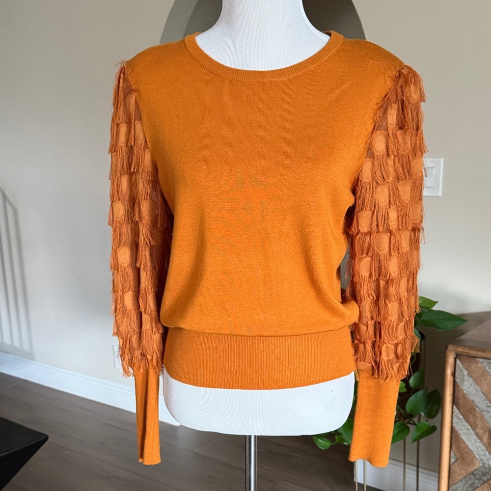 Orange Crew Neck Sweater with Textured Sleeves